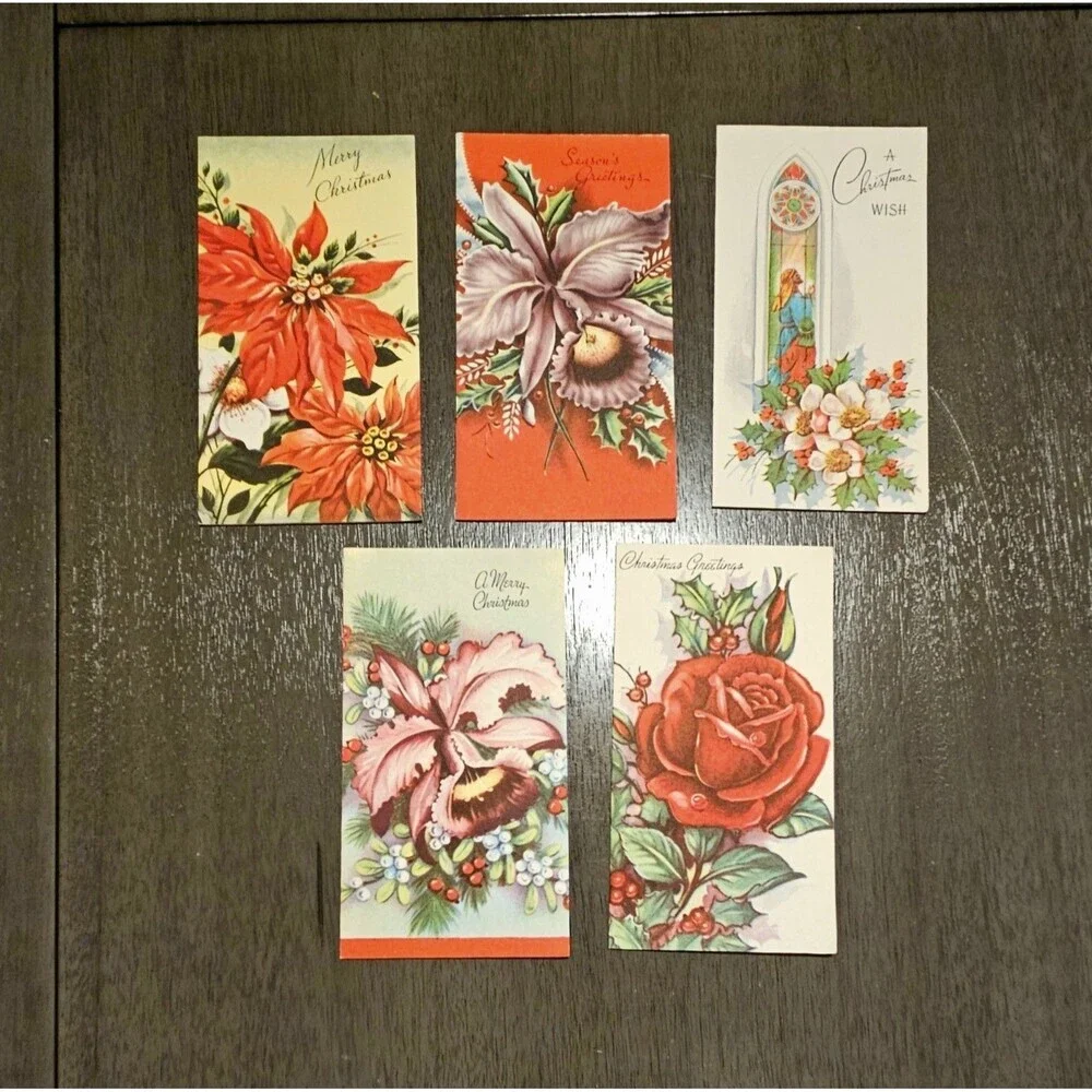 Lot of 5 Vintage CHRISTMAS Cards With Envelopes Diamond Line USA Florals